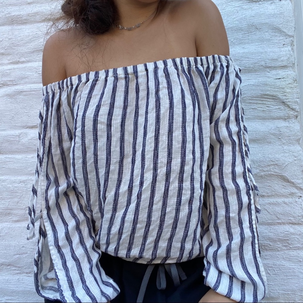 Blue and white striped off the shoulder blouse